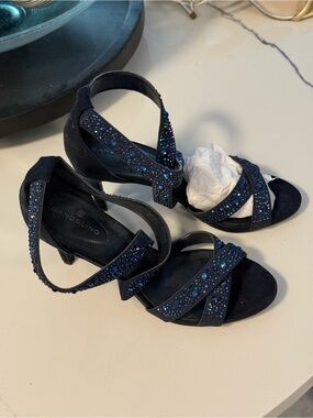 Bandolino Navy Strappy Heels with Blue Crystal Accents